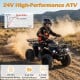 24V electric ride-on quad in black with LED headlights, designed for 2-5 mph speeds, perfect for outdoor adventures.