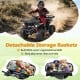24V electric ride-on quad in black with LED headlights, featuring detachable storage baskets for toys and organization.
