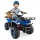 Blue 24V electric ride-on quad with LED headlights, featuring a child and a dog for fun backyard adventures.