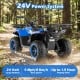 Electric 24V ride-on quad in blue features LED headlights, durable wheels, and a 30° climbing capability for outdoor fun.