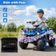 Electric 24V ride-on quad in blue features LED headlights, dual motors, and music modes for fun outdoor adventures.