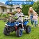 Electric ride-on quad in blue with LED headlights, featuring storage space and wear-resistant wheels for outdoor fun.