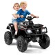 Two children riding a black 24V kids ATV with LED lights, featuring two seats and four powerful motors for fun.
