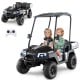 Kids 24V black golf cart ride-on car with detachable awning, 2-seater, storage trunk, and parent control mode.