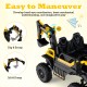 24V yellow ride-on excavator with remote control, featuring a digging arm for scooping and lifting, ideal for.