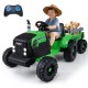 Green 24V ride-on tractor for kids with detachable trailer, remote control, and realistic features for outdoor fun.