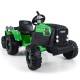 Front view of the green 24V Ride On Tractor for kids, showcasing the realistic steering wheel and bright LED headlights.