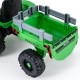 Detachable trailer of the green 24V ride-on tractor for kids, featuring safety rails and rugged wheels for outdoor fun.