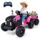 Pink 24V ride-on tractor for kids with detachable trailer, remote control, and realistic features for outdoor fun.