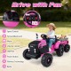 Pink 24V ride-on tractor for kids with detachable trailer, remote control, and realistic sounds for outdoor fun.