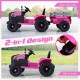 Pink 24V ride-on tractor with detachable trailer, featuring remote control and dual motors for outdoor fun.