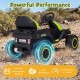 24V ride-on tractor in green with detachable trailer, featuring dual motors and remote control for kids' outdoor fun.