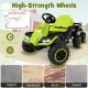 24V ride-on tractor in green with detachable trailer, high-strength wheels, and user-friendly features for kids' fun.