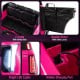 Two-seater pink licensed Cadillac ride-on truck with safety belts, double doors, LED lights, and hidden charging port.