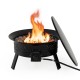 Portable 24.5-inch propane fire pit with flames, stainless steel burner, and lava rocks for outdoor heating.