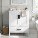 Modern 24.5" white bathroom vanity with a sleek design, featuring a bottom drawer with removable dividers for organized storage.