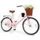 24-inch pink beach cruiser bike with woven basket, cup holder, and adjustable seat for comfortable riding.