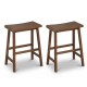 Set of 2 brown 24-inch counter height stools with solid wood saddle seats and built-in footrests for kitchen island.