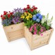 L-shaped wooden raised garden bed made of natural fir wood, featuring vibrant flowers for versatile planting options.
