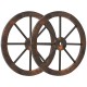 Set of 2 decorative 24-inch wooden wagon wheels in carbonized fir wood, perfect for rustic home decoration.