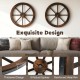 Set of 4 decorative wooden wagon wheels, 24" diameter, carbonized fir wood with robust metal rim for rustic wall decor.