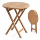 24" round solid teak outdoor folding bistro table with ergonomic footrests, ideal for small spaces and easy storage.