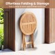 Round 24" solid teak outdoor folding bistro table with footrest, designed for space-saving storage on patios and.