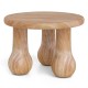 Small solid mahogany wood coffee table featuring a smooth round top and unique column legs, suited for versatile indoor.