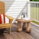 Small solid mahogany wood coffee table with thickened top and column legs, ideal for patio or porch use.