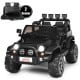 Black 12V 2-seater ride-on car with remote control, storage space, and LED lights for kids' outdoor fun.