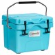 Portable insulated ice cooler in blue with 24-can capacity, reinforced latches, and two cup holders for outdoor.