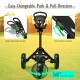 Folding golf push cart with adjustable handle and swivel front wheel, designed for easy maneuverability on the course.