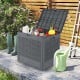 Gray 25-gallon outdoor storage box with rattan patterns, ideal for organizing garden tools and accessories.