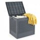 Gray 25-gallon outdoor storage box with rattan patterns, ideal for organizing blankets and patio accessories.