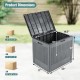 25-gallon gray outdoor storage box with rattan patterns, featuring an open lid and displayed dimensions for easy.