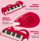 Dinosaur-shaped 25-key kids piano keyboard in red, featuring realistic keys and a quality speaker for musical fun.