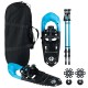 Lightweight 25” blue snowshoes with trekking poles and carry bag, featuring adjustable bindings and durable materials.
