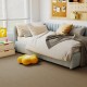 Beige interlocking foam floor tiles with edge borders, providing cushioning and noise reduction for a cozy bedroom.