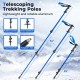 Telescoping trekking poles in blue, featuring rubber covers, snow baskets, and tungsten tips for winter hiking.