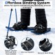 Close-up of the adjustable binding system on 25” blue snowshoes, featuring a one-pull system for a secure fit.