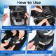 Step-by-step guide for using 25” blue snowshoes with adjustable bindings and trekking poles for winter hikes.