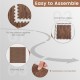 25 tiles of brown wood grain foam floor mats showing assembly steps for easy installation and seamless connection.
