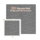 Gray wood grain foam floor mats featuring 25 tiles and 50 borders, covering 100 square feet for versatile flooring.