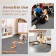 25 tiles of gray wood grain foam floor mats shown in various settings for exercise, children's play, and floor.