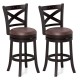 Set of 2 swivel bar stools with padded seats, rubber wood frame, and elegant X-shaped design for kitchen or pub use.