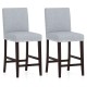 Set of 2 gray counter height chairs with padded seats, backrests, and elegant nailhead trim for kitchen or bar use.