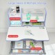 Kids multifunctional writing desk in blue with adjustable height, tilting desktop, and ample storage for stationery.