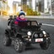 Front view of the black 12V 2-seater ride-on car for kids, showcasing safety belts and stylish design for outdoor.