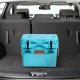 Portable blue insulated ice cooler with 24-can capacity and cup holders, ideal for camping and outdoor activities.
