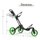 Folding golf push cart in green with adjustable handle, swivel wheels, and compact design for easy storage and.